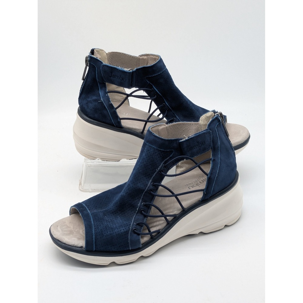 Jambu Naomi Womens 6M Navy Blue Suede Wedge Sandals Lace Up Zip Comfort